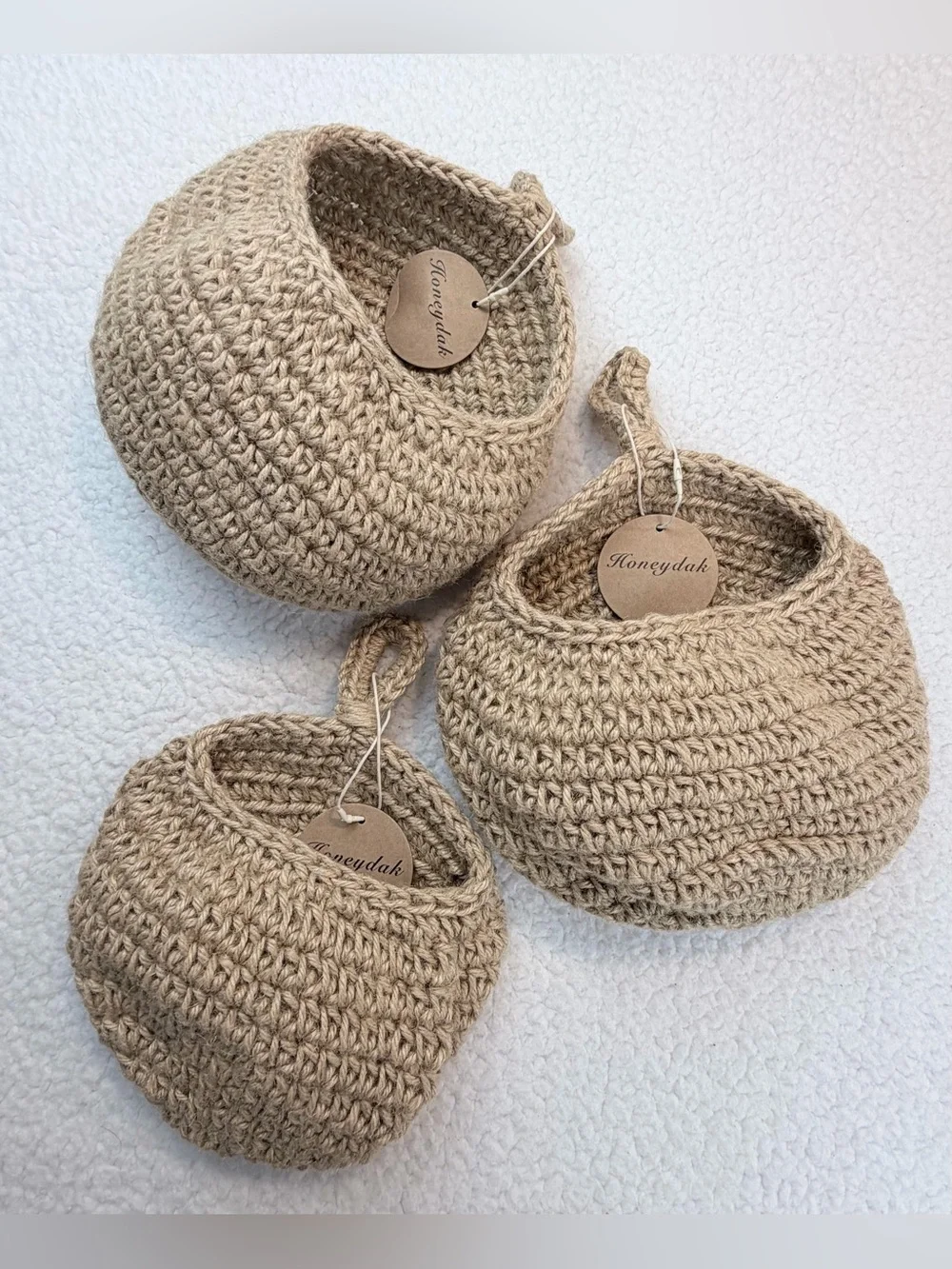 (NWT) HONEYDAK • (Set of 3) Tan Natural Woven/Crochet Hanging Storage Baskets